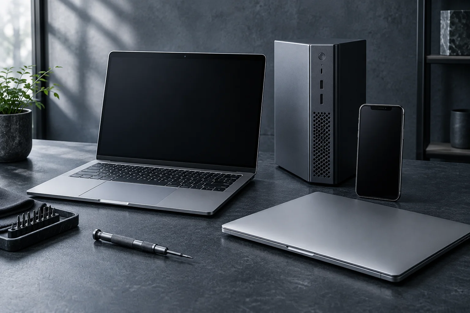 Illustrative laptop, desktop and phone with precision tools on a workbench